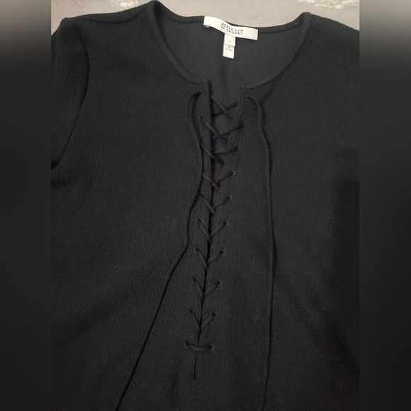 Derek Lam 10 Crosby Elegant Black Midi Dress. Short Sleeves. Knit Ribbed Lace Up - Picture 4 of 15